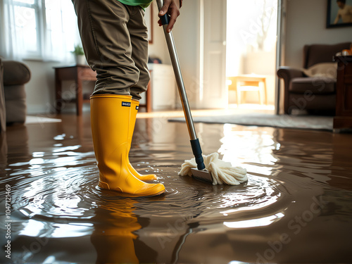 A person mopping water from a flooded living room while wearing yellow rubber boots on a sunny day