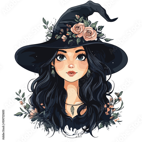 Enchanting Gothic Witch in Floral Hat Vector Illustration