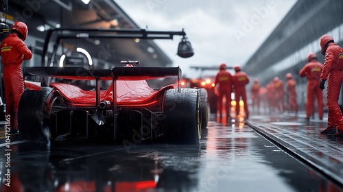 Rear View of Race Car in Wet Pit Lane, Crew Ready for Action