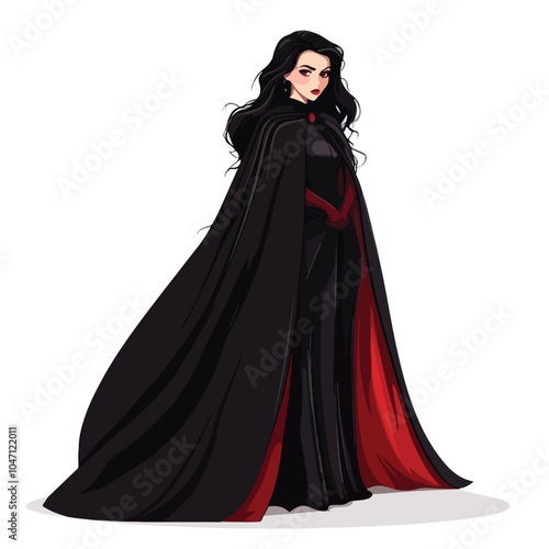 Elegant Vampire Woman in Traditional Vampire Cloak Vector Illustration