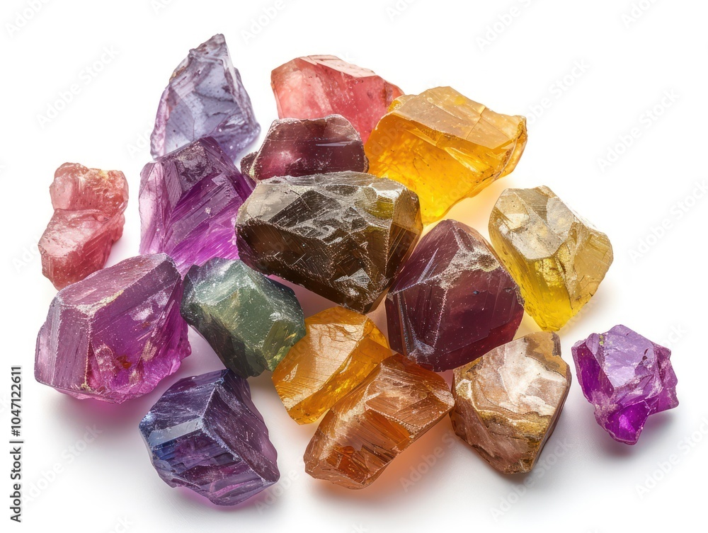 A handful of rough gemstones in vibrant colors, natural shapes, isolated on white A handful of rough gemstones in vibrant colors, natural shapes, isolated on white
