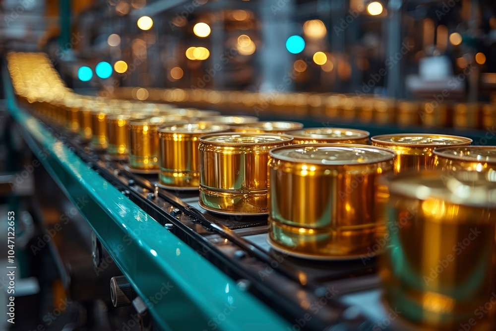 Gold Cans Moving on a Conveyor Belt in a Factory Gold Cans Moving on a Conveyor Belt in a Factory