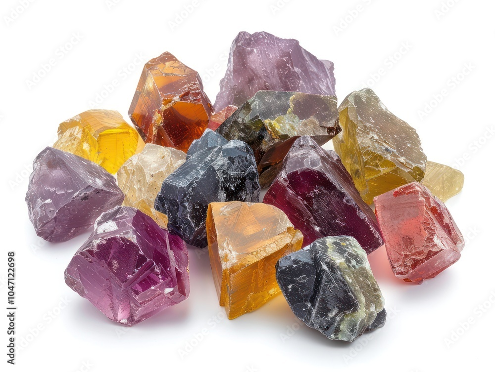 A handful of rough gemstones, multicolored and natural, isolated on white background A handful of rough gemstones, multicolored and natural, isolated on white background