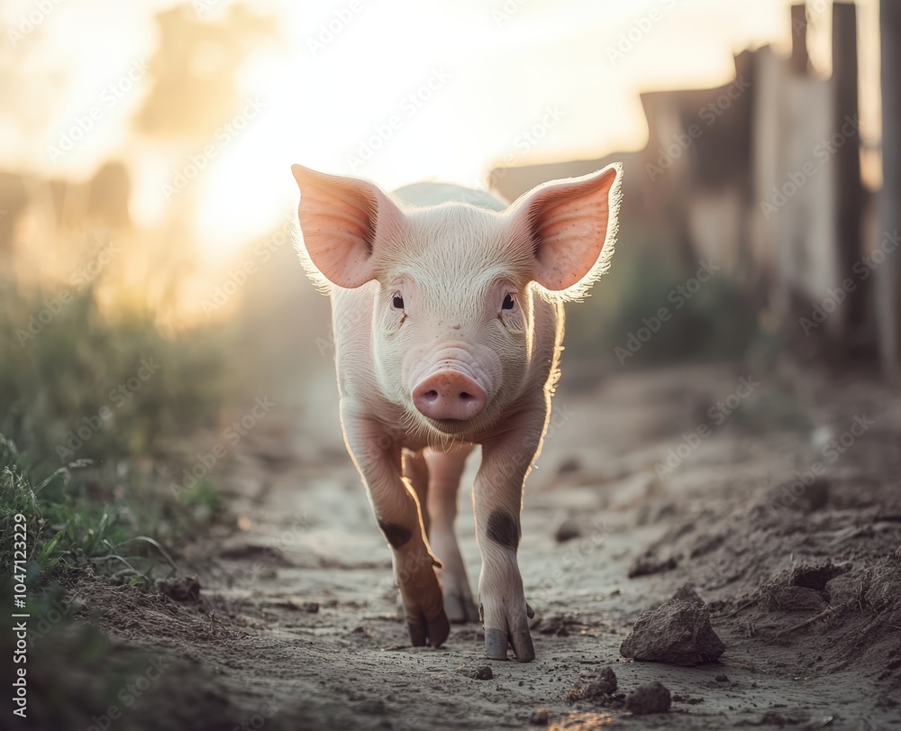 Adorable piglet walking on a dirt path in the countryside Adorable piglet walking on a dirt path in the countryside