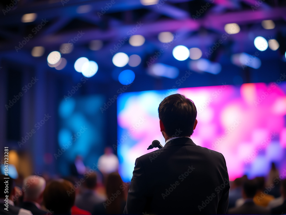 A speaker presents to an engaged audience at a conference in an urban location during the evening hours with colorful lighting A speaker presents to an engaged audience at a conference in an urban location during the evening hours with colorful lighting