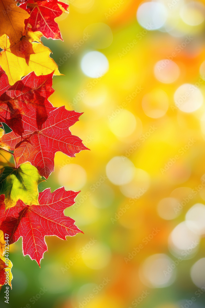 Fototapeta premium Autumn template with red maple leaves and sunlight