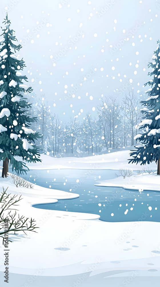 Obraz premium A snowy winter scene with a river and trees in the background.