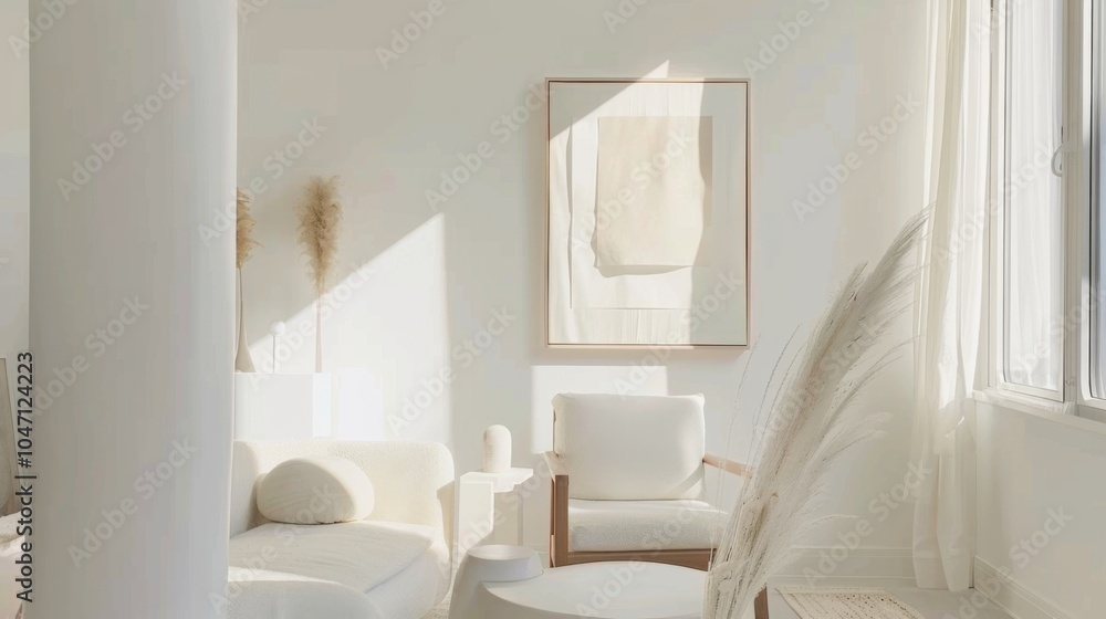 Fototapeta premium A modern and airy living room design showcasing a white canvas backdrop, Carefully curated minimalist furniture, Minimalist Scandinavian style