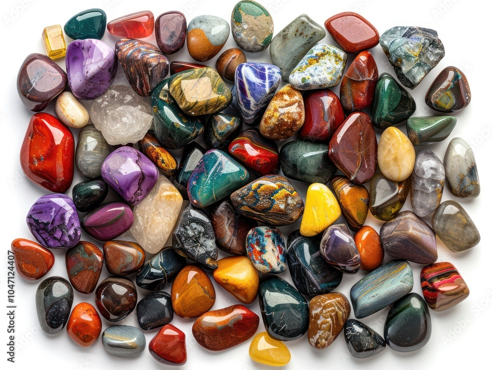 A mix of small polished gemstones in vibrant colors, scattered and isolated on white A mix of small polished gemstones in vibrant colors, scattered and isolated on white