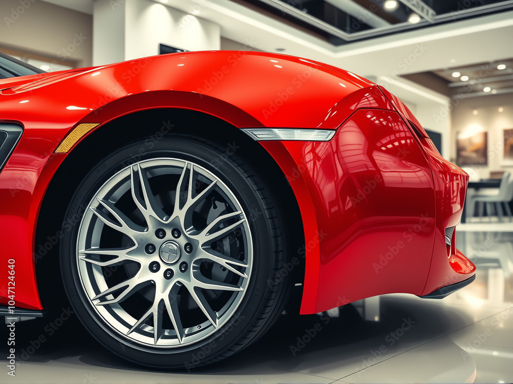 A vibrant red sports car showcased in a modern showroom with sleek design features and polished alloy wheels A vibrant red sports car showcased in a modern showroom with sleek design features and polished alloy wheels