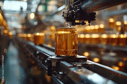 A single golden can moving on a conveyor belt in a factory