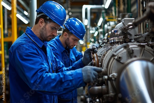 Technicians performing quality checks on industrial engines