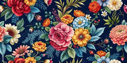 Floral Textile Design with Navy Blue Background - Elegant Hand Drawn Patterns for Fashion and Home Decor