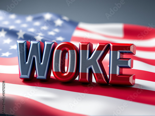 Woke message displayed prominently on an American flag background symbolizing contemporary cultural discussions in the United States
