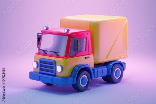 A colorful toy truck with a yellow cargo box rendered in 3D.