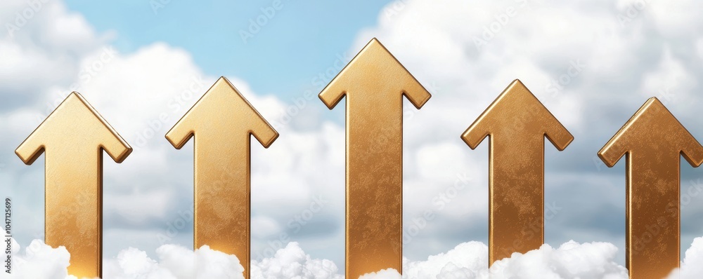 Golden arrows pointing upwards symbolize growth and success against a backdrop of blue sky and clouds.