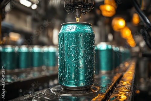 A single aluminum can covered in condensation droplets on a production line