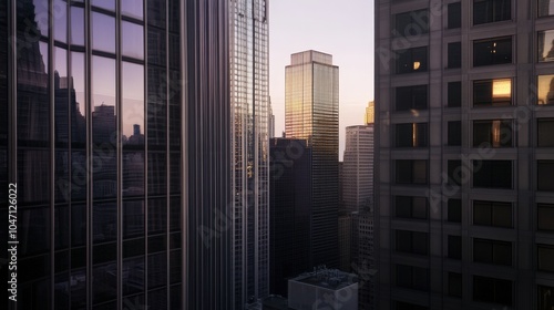 Stunning cityscape with modern skyscrapers and reflective glass windows at sunset