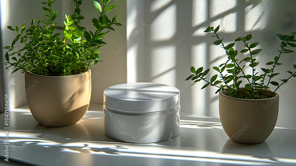 White Jar Mockup with Green Plants in Sunlight White Jar Mockup with Green Plants in Sunlight