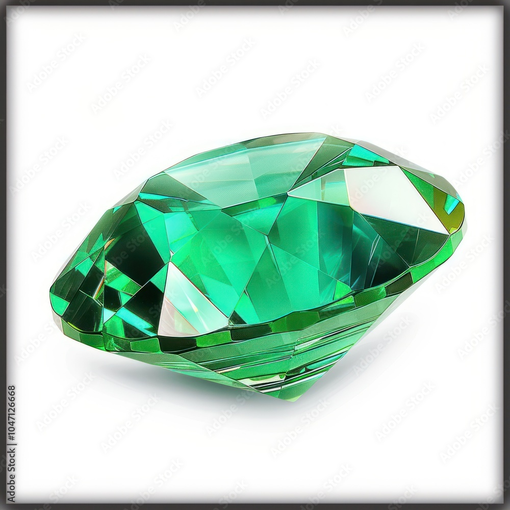 A radiant-cut emerald gemstone with a deep green shine, isolated on a white background A radiant-cut emerald gemstone with a deep green shine, isolated on a white background