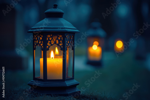 Lanterns with Burning Candles on the Cemetery Ground