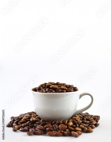 Coffee cup with coffee beans on side position provides copy space for text. background concept isolated white