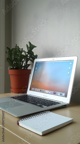 A white laptop computer with a blank notebook and a potted plant on a wooden desk.