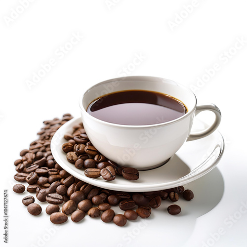 Coffee cup with coffee beans on side position provides copy space for text. background concept isolated white