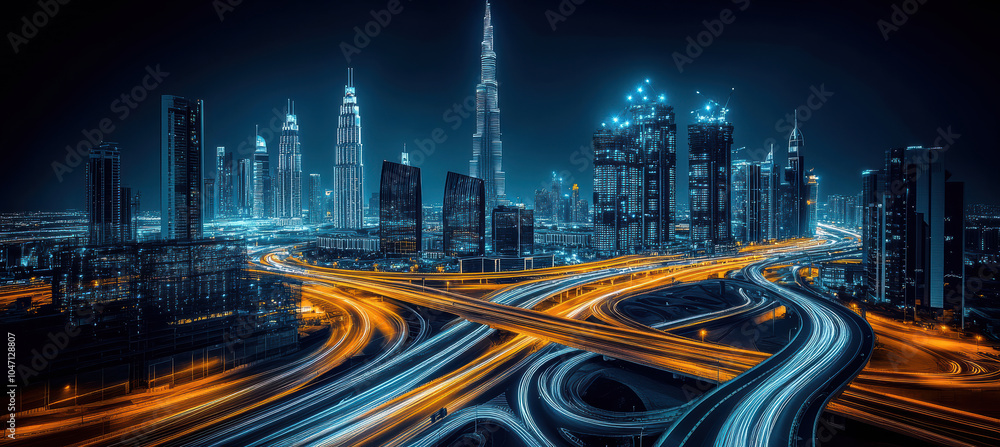 Obraz premium Night view of skyscrapers and traffic movement