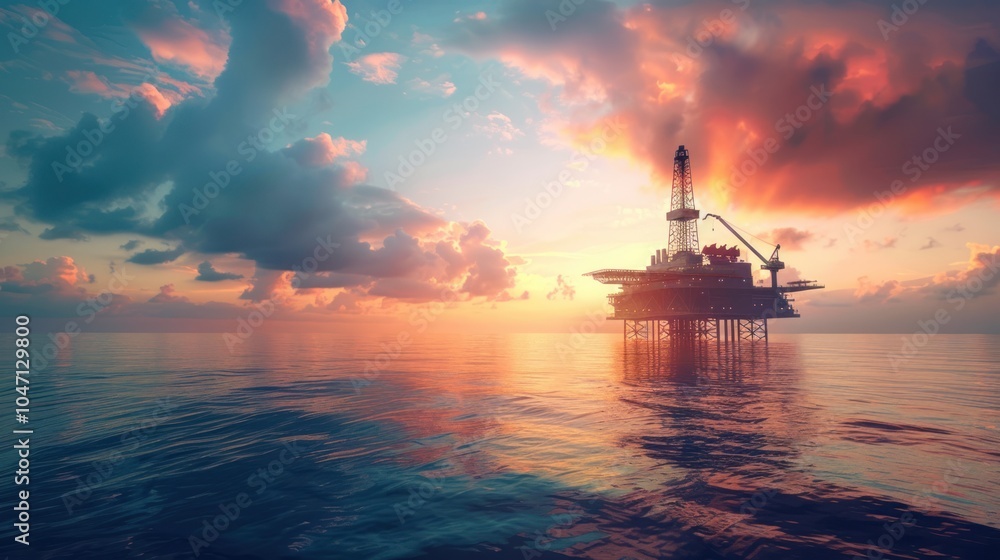 Oil Rig Silhouette at Sunset Over Calm Ocean Waters Oil Rig Silhouette at Sunset Over Calm Ocean Waters