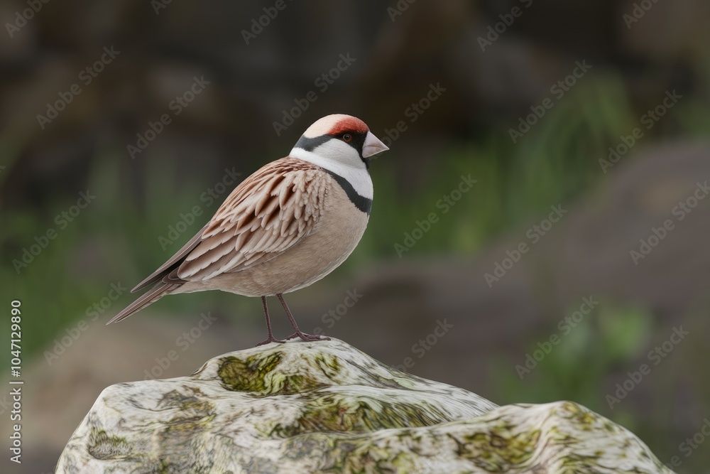 A small bird with a red and white head perched on a rock. A small bird with a red and white head perched on a rock.