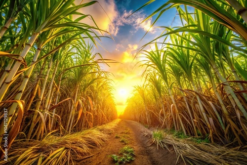 Sugarcane field background with warm glow fisheye effect photo