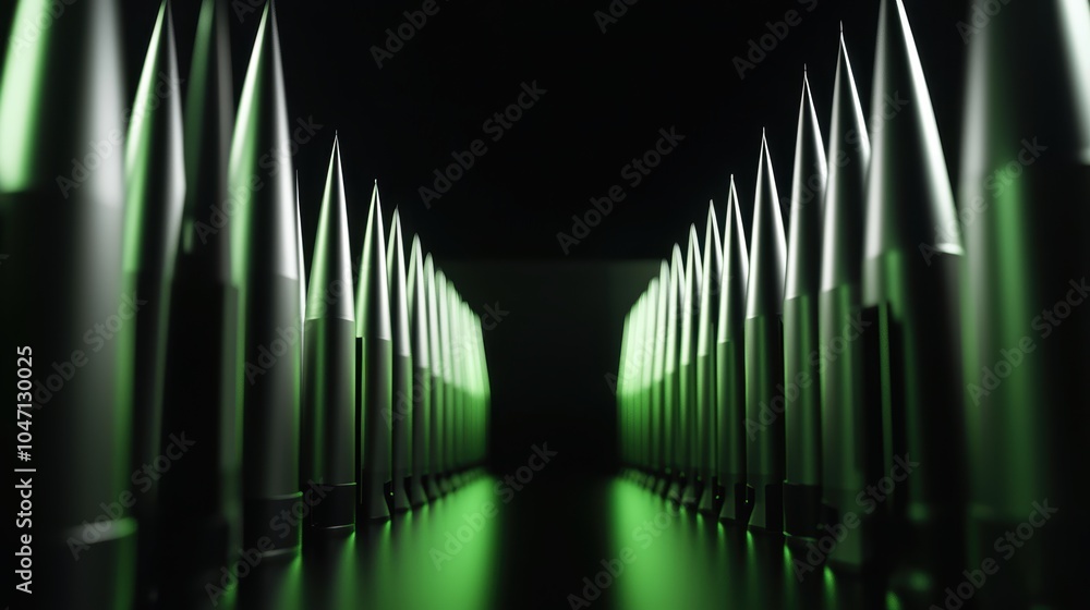 Row of shining bullet casings with green reflections on a dark background.