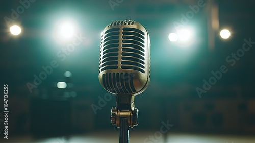 A stunning gold microphone sits under bright spotlights, capturing the attention in a dramatic representation of sound and performance.