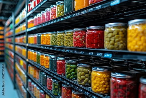 Aisle of Glass Jars Filled with Preserved Foods in a Grocery Store photo