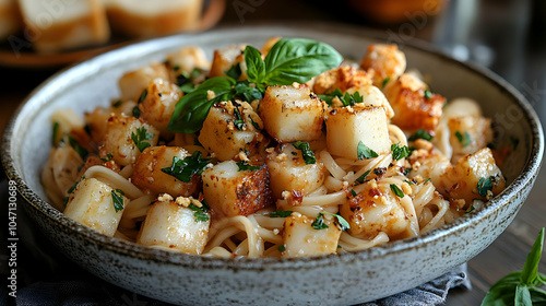 Delicious Seared Scallops with Noodles and Herbs - Food Photography