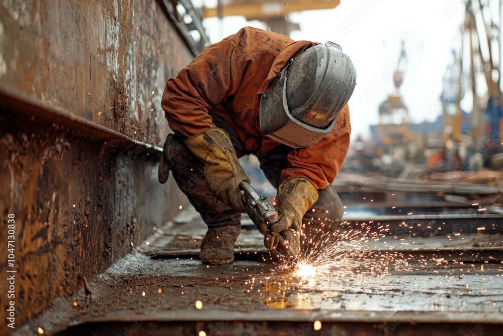 Worker in a shipyard welding metal, sparks flying, safety gear on Worker in a shipyard welding metal, sparks flying, safety gear on
