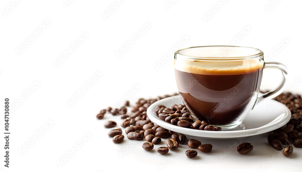 Coffee cup with coffee beans on side position provides copy space for text. background concept isolated white Coffee cup with coffee beans on side position provides copy space for text. background concept isolated white