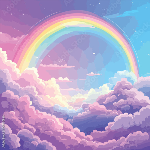 Enchanting Fantasy Landscape with Rainbow in Abstract Sky