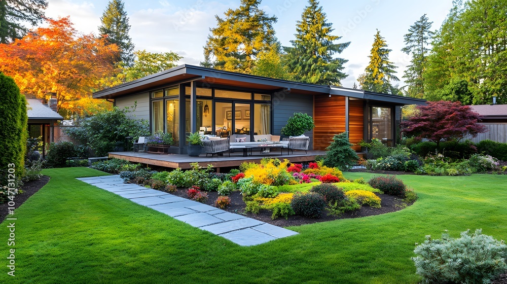 Modern single-story home with lush garden, wood and metal exterior, large windows, expansive deck, manicured lawn, colorful flower beds, and serene suburban architectural design. Modern single-story home with lush garden, wood and metal exterior, large windows, expansive deck, manicured lawn, colorful flower beds, and serene suburban architectural design.