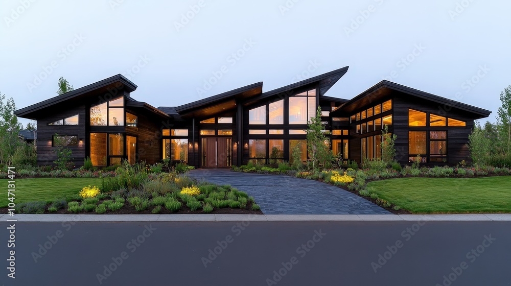 Modern Black Wooden House with Large Windows at Dusk Modern Black Wooden House with Large Windows at Dusk