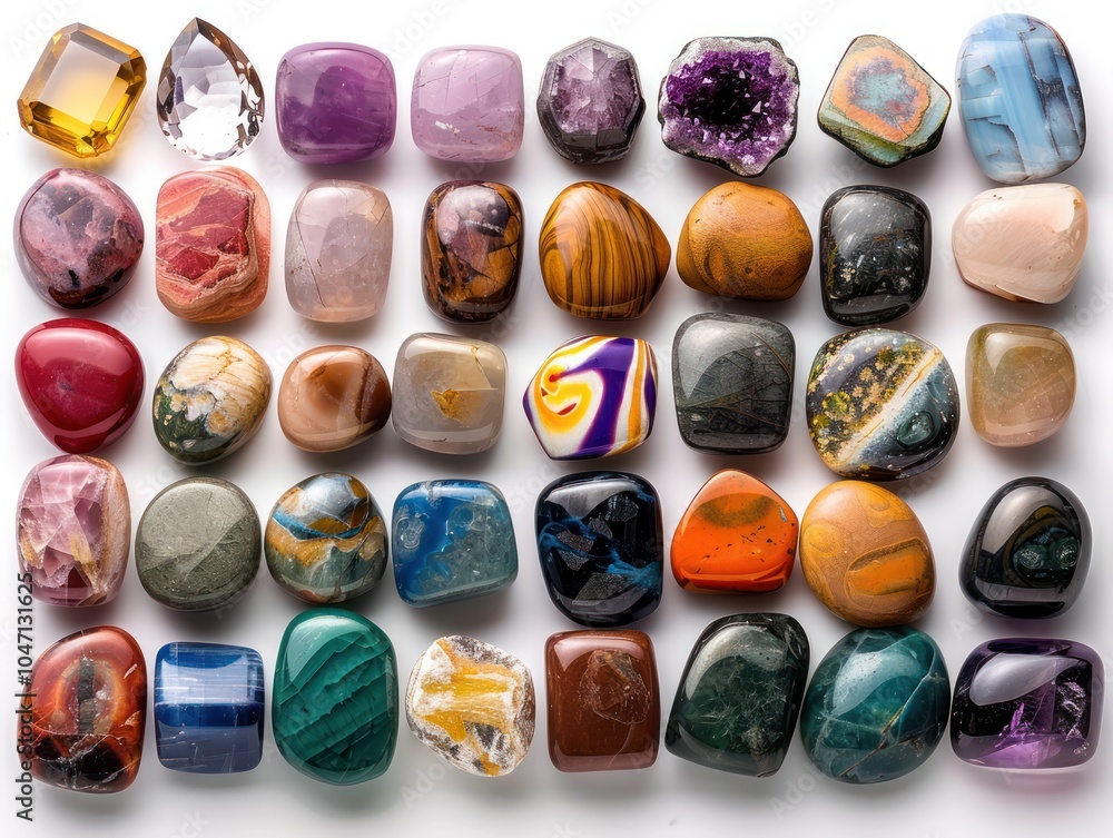 A set of polished gemstones in various cuts and colors, arranged in rows, isolated on white A set of polished gemstones in various cuts and colors, arranged in rows, isolated on white