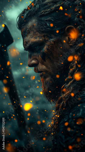 A fierce Viking warrior stands at the prow of a long ship, his braided hair whipping in the wind. 