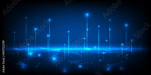 Vector illustration of futuristic digital technology background with glowing dots floating on digital landscape for game graphic and advertising artwork.