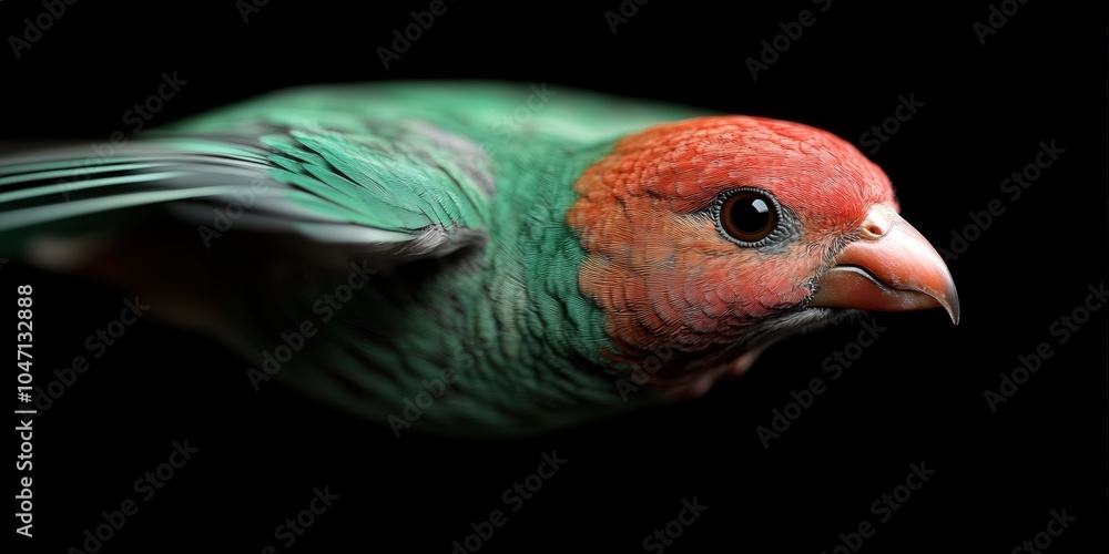 Fototapeta premium Red Headed Parrot Flying Close Up with Black Background