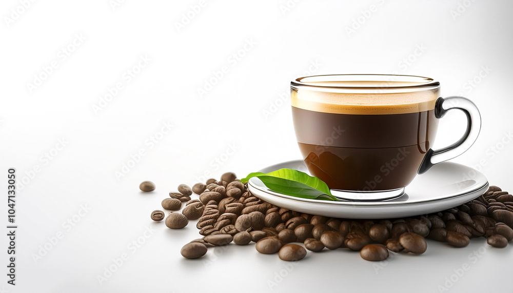 Coffee cup with coffee beans on side position provides copy space for text. background concept isolated white Coffee cup with coffee beans on side position provides copy space for text. background concept isolated white