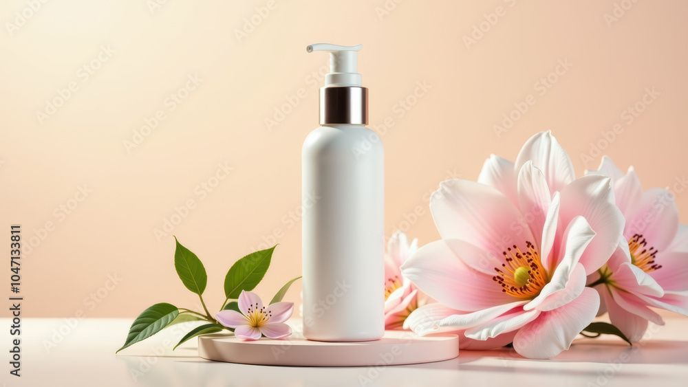 A skincare product set against a soft pink backdrop with floral accents. A skincare product set against a soft pink backdrop with floral accents.