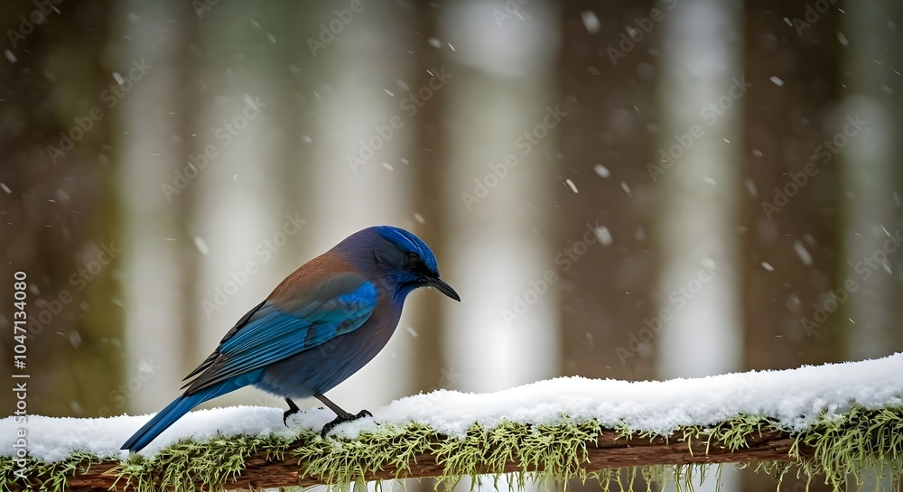 Fototapeta premium Concetto di inverno, freddo e feste di Natale: merlo bluebird in un bosco con neve e ghiaccio al freddo