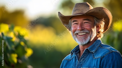 Portrait of a cheerful mature farmer in a cowboy hat, bright blue sky, sunlit vineyard background, rugged denim shirt, warm smile, weathered face, and authentic rural lifestyle.