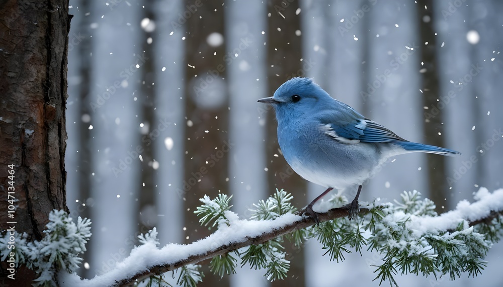 Fototapeta premium Concetto di inverno, freddo e feste di Natale: merlo bluebird in un bosco con neve e ghiaccio al freddo